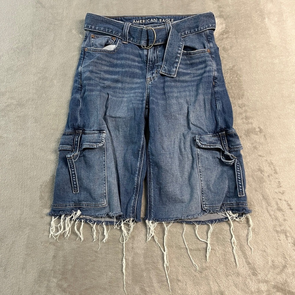 American Eagle High Rise Baggy Wide Leg Cargo Denim Cut Shorts Blue Womens 2